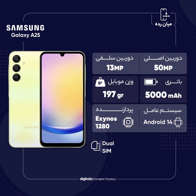 گوشی موبایل سامسونگ مدل Galaxy A25 دو سیم کارت ظرفیت 256 گیگابایت و رم 8 گیگابایت به همراه شارژر 25 وات سامسونگ - ویتنام