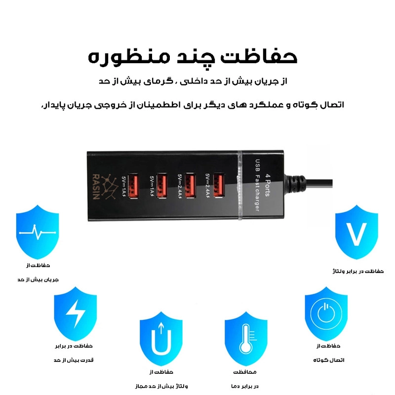 شارژر دیواری 33 وات راسین مدل 4PORT FAST CHARGER