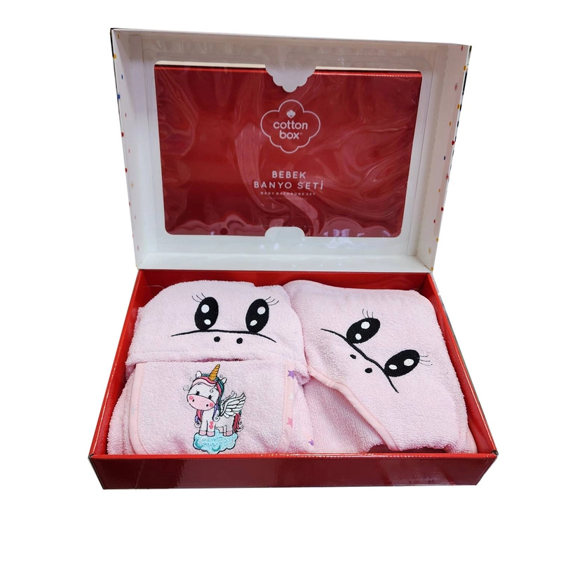 حوله کودک سه تکه کاتن باکس مدل Bebek Banyo Unicorn Pembe