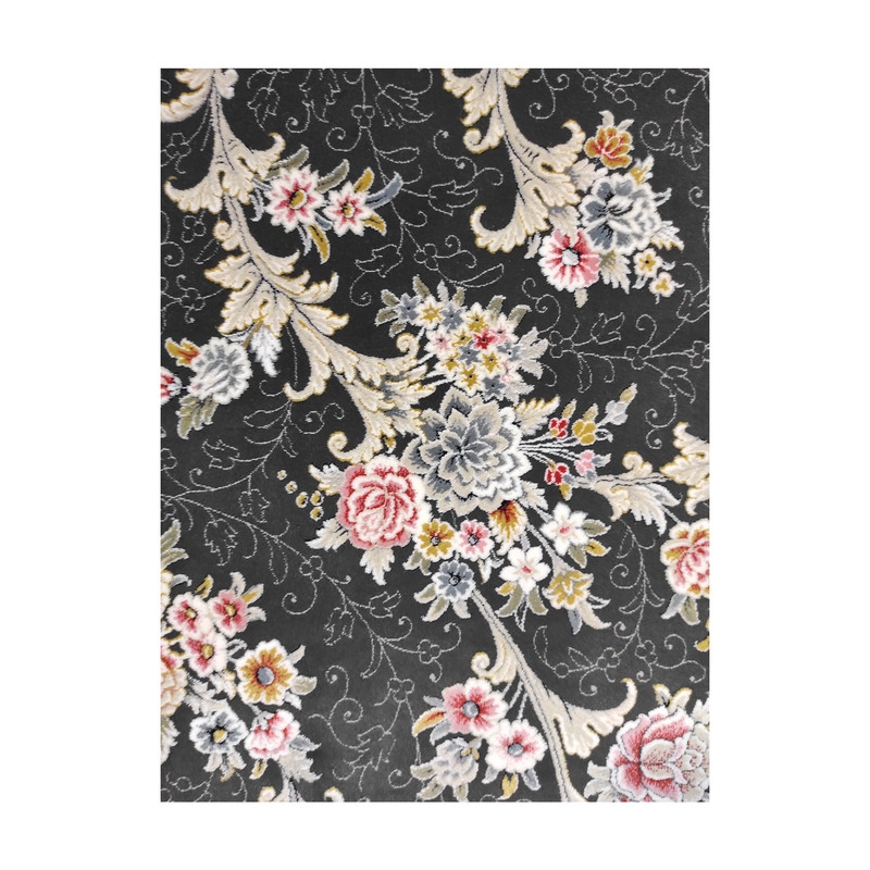 فرش ماشینی مشهد کد 803606 زمینه ذغال سنگی - چهارمتری (225*150)