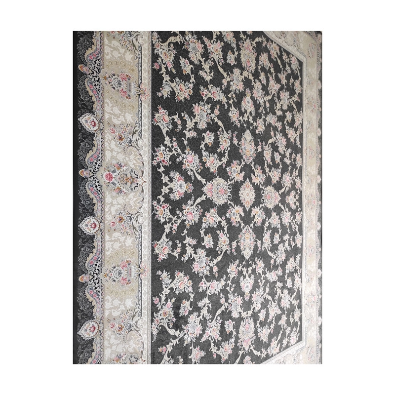 فرش ماشینی مشهد کد 803606 زمینه ذغال سنگی - چهارمتری (225*150)