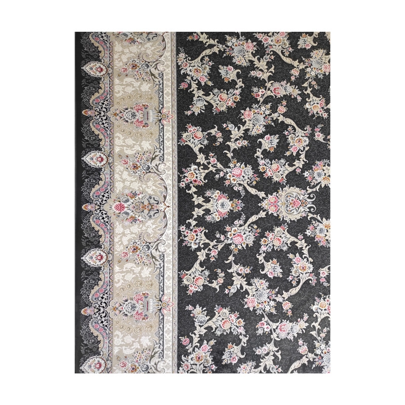 فرش ماشینی مشهد کد 803606 زمینه ذغال سنگی - چهارمتری (225*150)