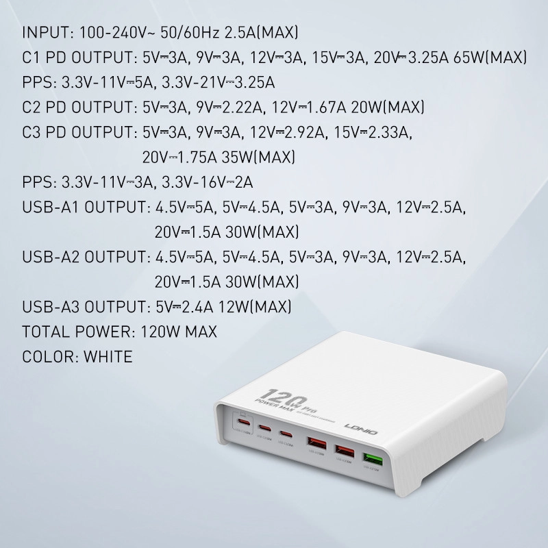 شارژر رومیزی 120وات الدینیو مدل HUB CHARGER Q605