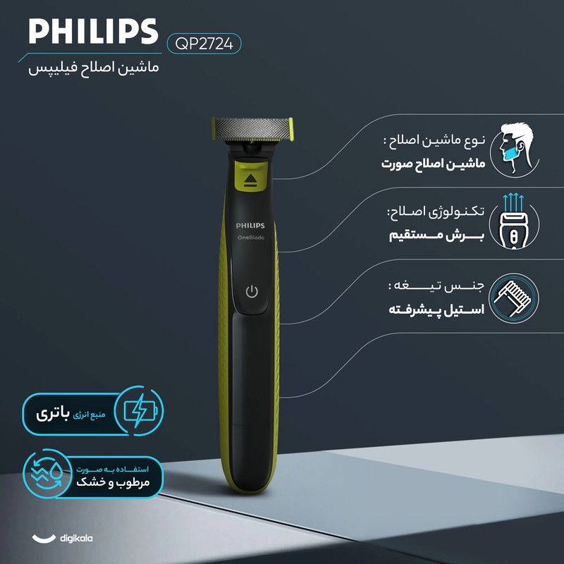 ماشین اصلاح موی صورت فیلیپس مدل QP2724، اصلاح به صورت صفر زن، منبع انرژی با باتری، تکنولوژی اصلاح به صورت برش مستقیم، اندازه اصلاح 0.1 میلی‌متر، مدت زمان شارژ تا 720 دقیقه و مدت زمان استفاده پس از شارژ 45 دقیقه، به همراه برس تمیزکننده، ضد آلرژی و ضد آب