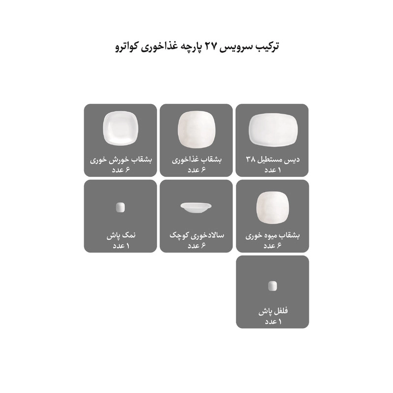 سرویس غذاخوری 27 پارچه چینی زرین ایران سری کواترو مدل وگاس اوریت درجه یک - سفید