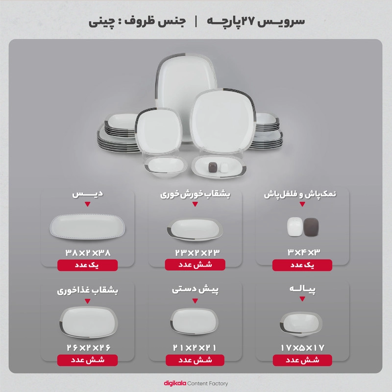 سرویس غذاخوری 27 پارچه چینی زرین ایران سری کواترو مدل وگاس اوریت درجه یک - سفید
