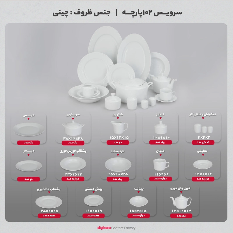 سرویس غذاخوری 102 پارچه چینی زرین ایران سری رادیانس مدل White درجه یک - سفید