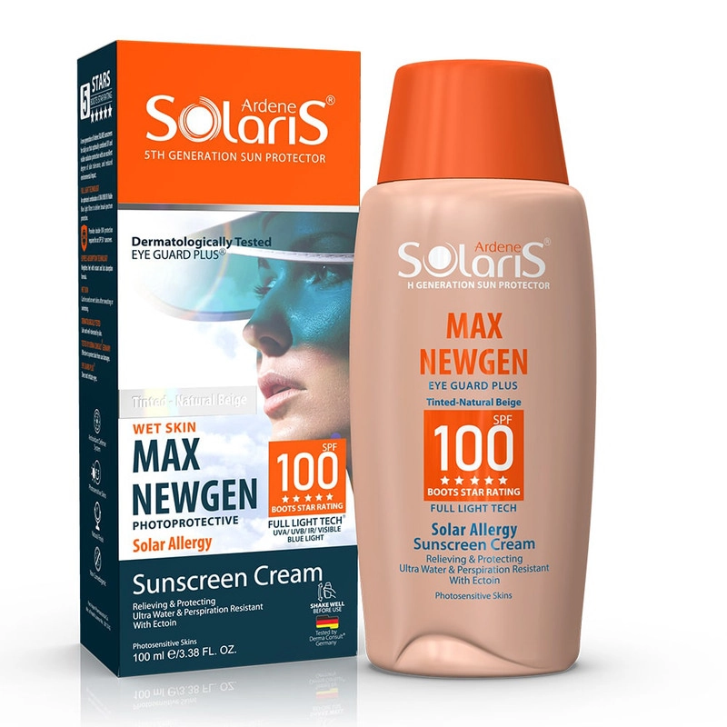 کرم ضد آفتاب رنگی آردن سولاریس، SPF100، مدل Max Newgen، مناسب پوست حساس تنالیته رنگ متوسط و حجم 100 میلی‌لیتر، محافظت کننده در برابر اشعه UVA و UVB، ضد آب و تعریق، ضد حساسیت و التهاب، با ماندگاری 2 ساعته