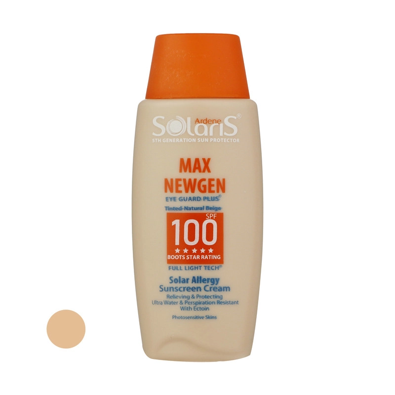 کرم ضد آفتاب رنگی آردن سولاریس، SPF100، مدل Max Newgen، مناسب پوست حساس تنالیته رنگ متوسط و حجم 100 میلی‌لیتر، محافظت کننده در برابر اشعه UVA و UVB، ضد آب و تعریق، ضد حساسیت و التهاب، با ماندگاری 2 ساعته