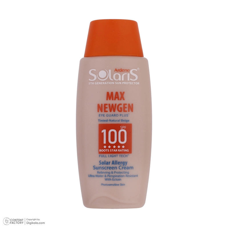 کرم ضد آفتاب رنگی آردن سولاریس، SPF100، مدل Max Newgen، مناسب پوست حساس تنالیته رنگ متوسط و حجم 100 میلی‌لیتر، محافظت کننده در برابر اشعه UVA و UVB، ضد آب و تعریق، ضد حساسیت و التهاب، با ماندگاری 2 ساعته