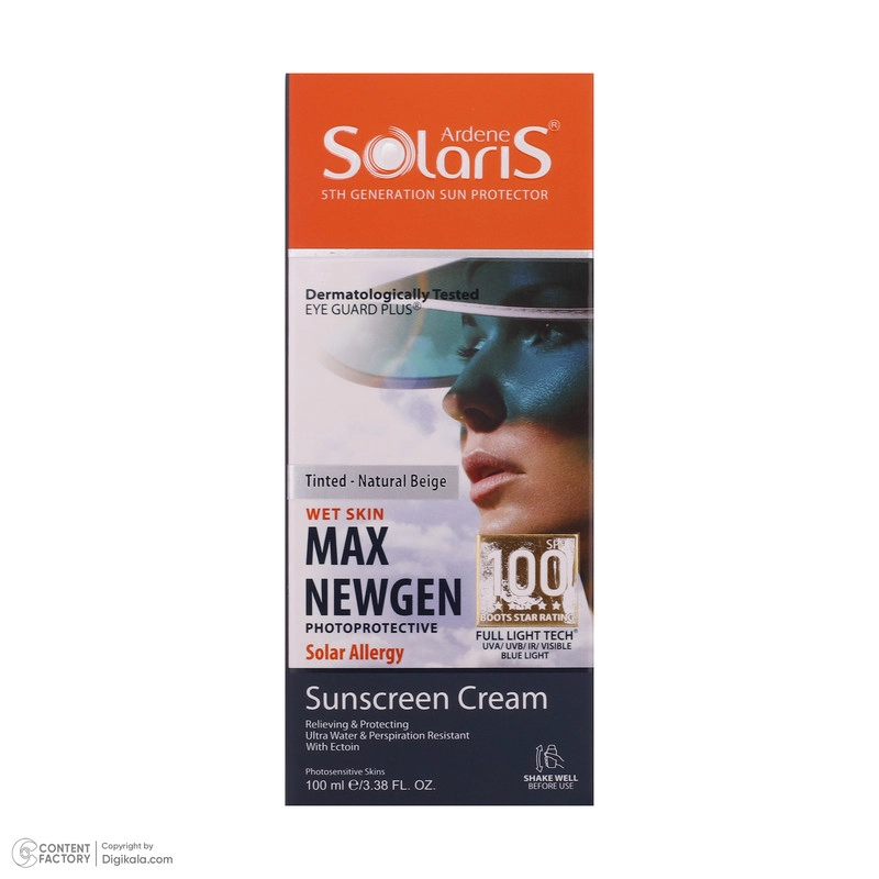 کرم ضد آفتاب رنگی آردن سولاریس، SPF100، مدل Max Newgen، مناسب پوست حساس تنالیته رنگ متوسط و حجم 100 میلی‌لیتر، محافظت کننده در برابر اشعه UVA و UVB، ضد آب و تعریق، ضد حساسیت و التهاب، با ماندگاری 2 ساعته