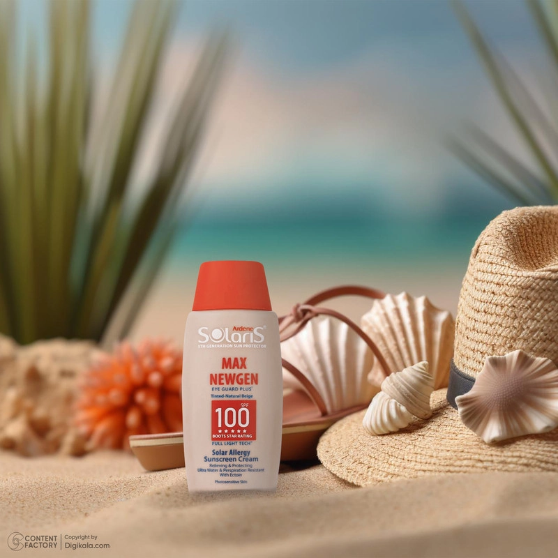 کرم ضد آفتاب رنگی آردن سولاریس، SPF100، مدل Max Newgen، مناسب پوست حساس تنالیته رنگ متوسط و حجم 100 میلی‌لیتر، محافظت کننده در برابر اشعه UVA و UVB، ضد آب و تعریق، ضد حساسیت و التهاب، با ماندگاری 2 ساعته